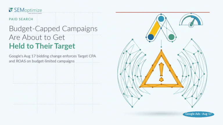 Illustration of a balance scale and gauge above a warning triangle, captioned "Budget-Capped Campaigns Are About to Get Held to Their Target," representing Google's August 17 bidding change enforcing Target CPA and ROAS on budget-limited campaigns.