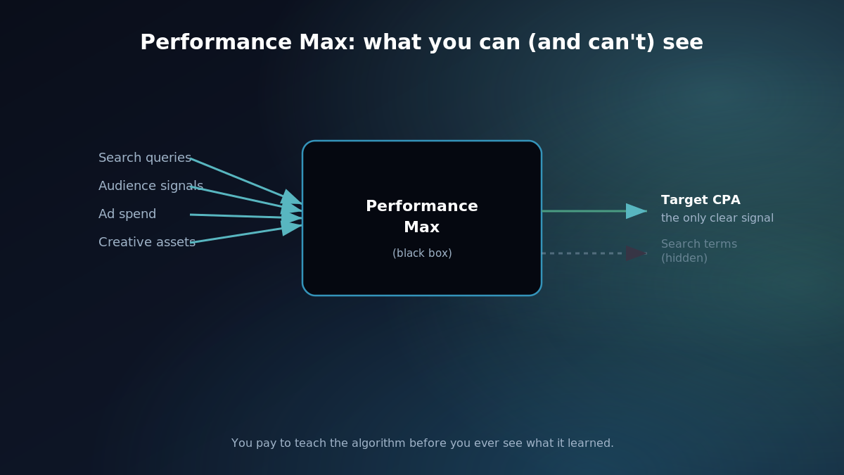 Diagram of Performance Max as a black box: budget and assets go in, results come out, with limited search term visibility in between