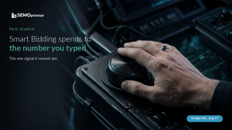 A person's hands resting on a set of physical control levers, with the SEMoptimize logo top left, the eyebrow label Paid Search, and the headline Smart Bidding spends to the number you typed over a subhead reading The one signal it cannot see, plus a pill reading Google Ads Aug 17.