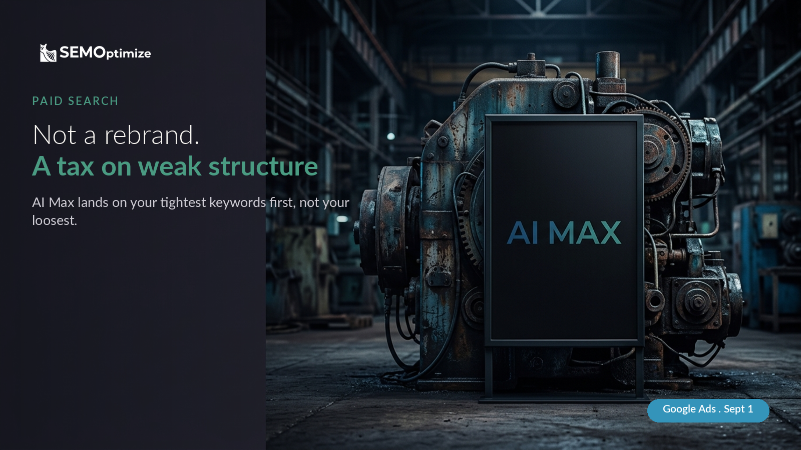 Broad match traffic hiding behind an AI Max for Search sign, with the headline Not a rebrand. A tax on weak structure.