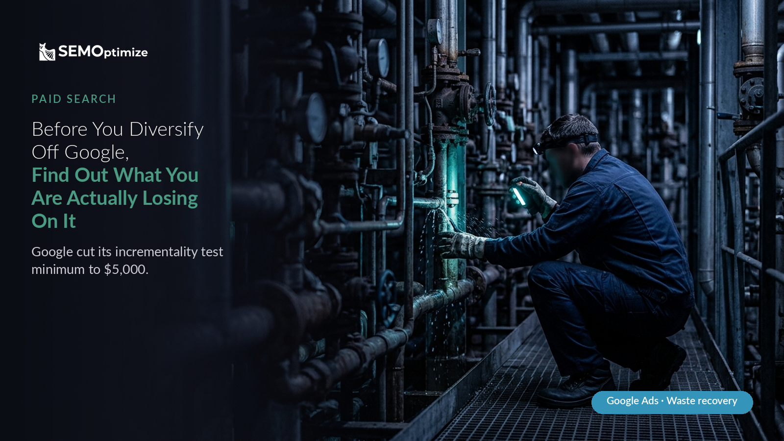 A technician with a headlamp crouches in a dark industrial pipe gallery, inspecting a leaking pipe lit in teal