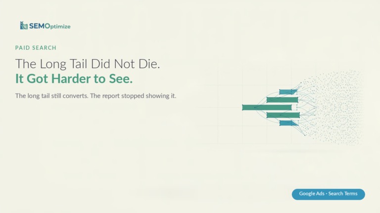Five teal and blue horizontal bars narrowing from one long bar and dispersing into a field of small dots on the right
