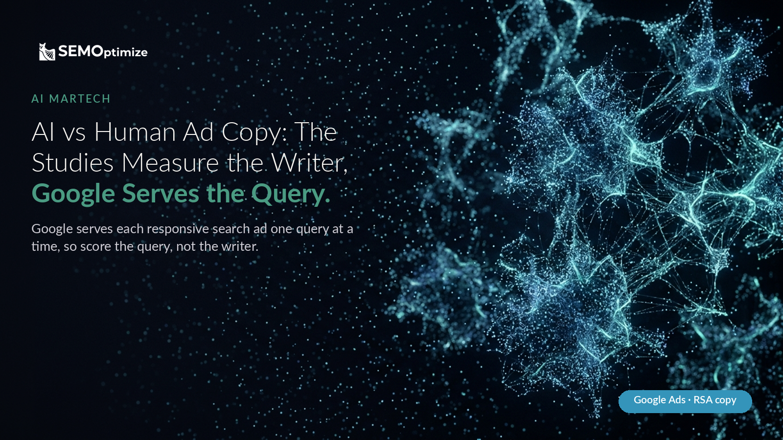 Scattered points of light drift across a dark field and gather into a glowing teal network